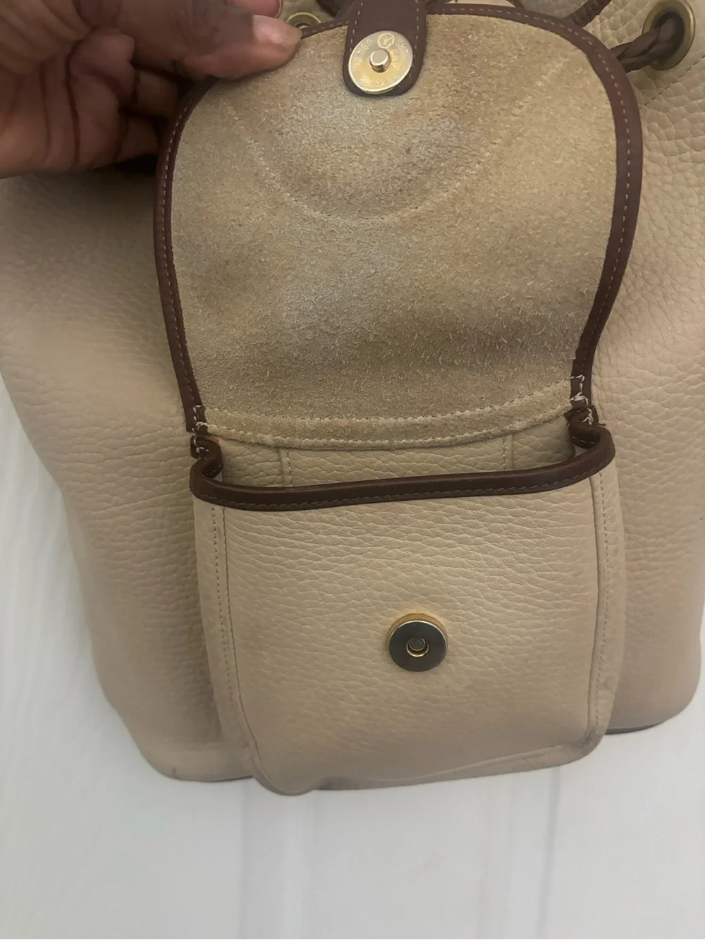 Dooney & Bourke Beige and Brown Leather Drawstring Bucket Backpack